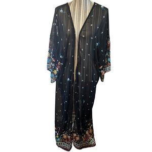 NEW Shermie Kimono Robe Black Semi-Sheer Floral Maxi Flowy Bohemian NWT